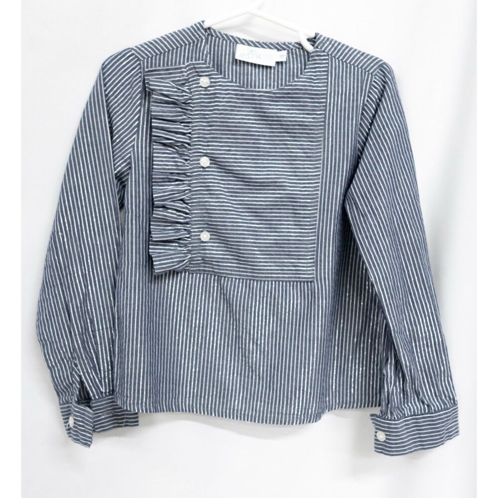 EPK Designed in France Girls Navy Stripe Blouse Nautical Sailor Ruffle Top 4